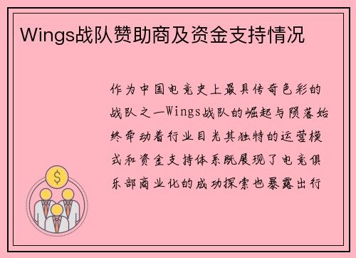 Wings战队赞助商及资金支持情况