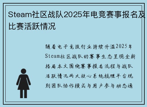 Steam社区战队2025年电竞赛事报名及比赛活跃情况