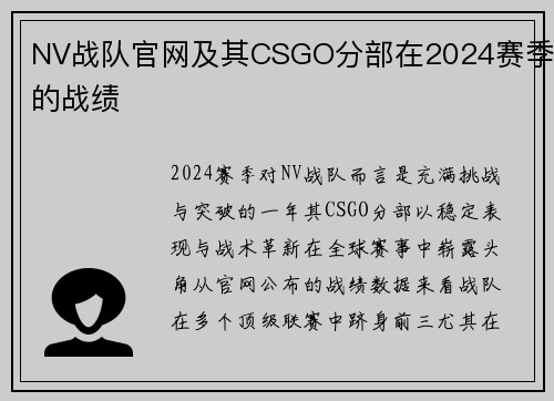 NV战队官网及其CSGO分部在2024赛季的战绩